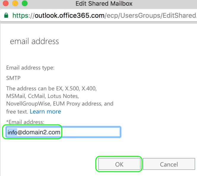 9.4 Update the email address to info@domain2.com and click OK